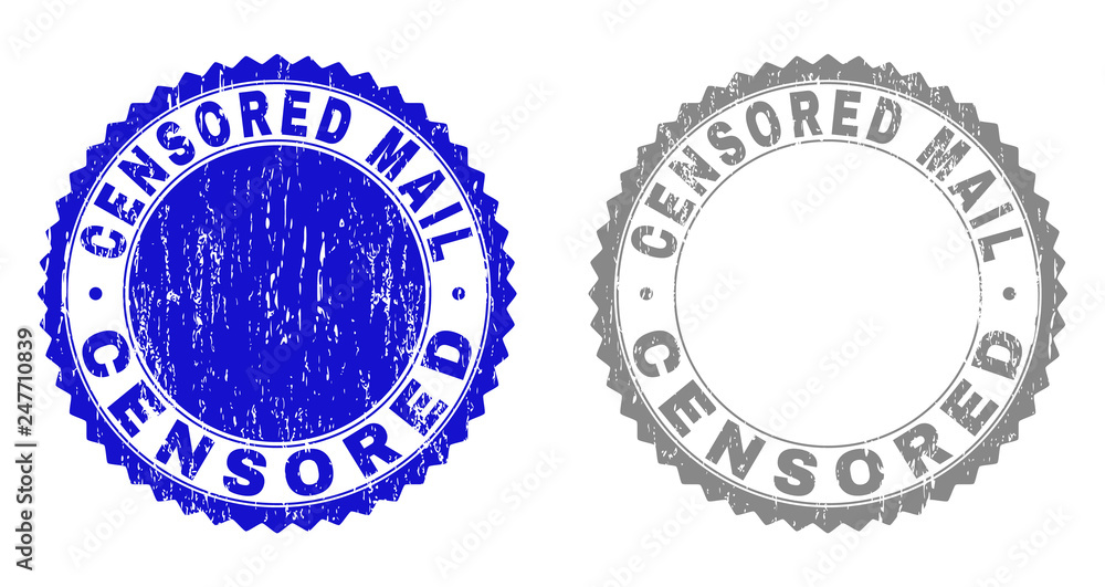 Grunge CENSORED MAIL stamp seals isolated on a white background. Rosette seals with grunge texture in blue and grey colors. Vector rubber watermark of CENSORED MAIL tag inside round rosette.