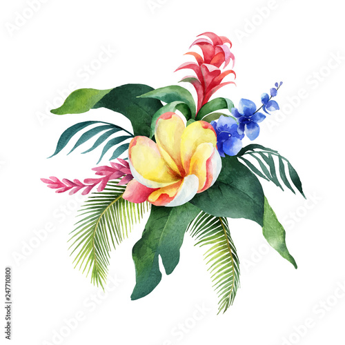 Watercolor vector bouquet tropical leaves and flowers isolated on white background.