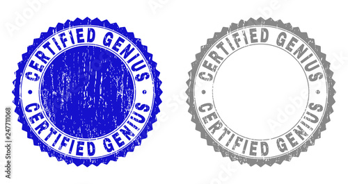 Grunge CERTIFIED GENIUS stamp seals isolated on a white background. Rosette seals with grunge texture in blue and grey colors. Vector rubber watermark of CERTIFIED GENIUS label inside round rosette.