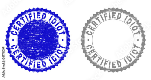 Grunge CERTIFIED IDIOT stamp seals isolated on a white background. Rosette seals with distress texture in blue and grey colors. Vector rubber watermark of CERTIFIED IDIOT label inside round rosette. photo