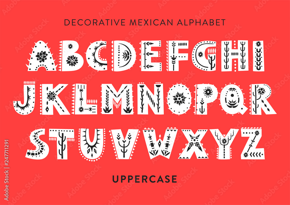 Vector patterned alphabet decorated with folk mexican ornaments. Display uppercase font on a red background Vector patterned alphabet decorated with folk mexican ornaments. Display uppercase font on a red background