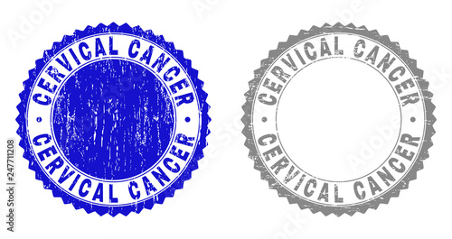 Grunge CERVICAL CANCER stamp seals isolated on a white background. Rosette seals with grunge texture in blue and grey colors. Vector rubber imitation of CERVICAL CANCER tag inside round rosette.