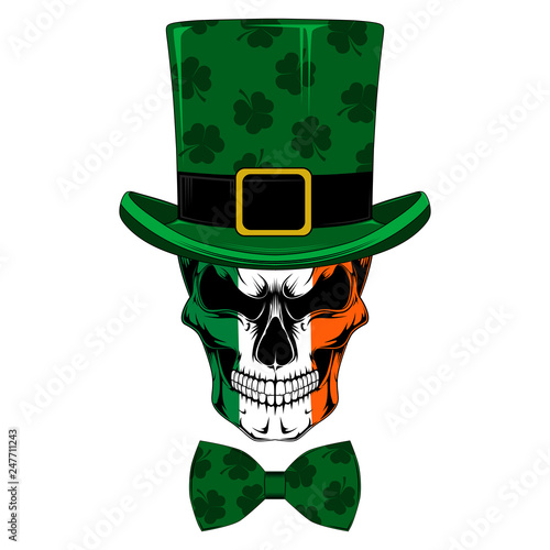 Skull in green top hat and bow-tie. Vector image on white background.