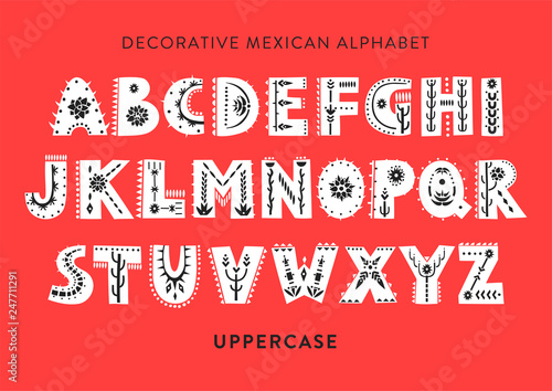 Vector patterned alphabet decorated with folk mexican ornaments.  Display uppercase font on a red background