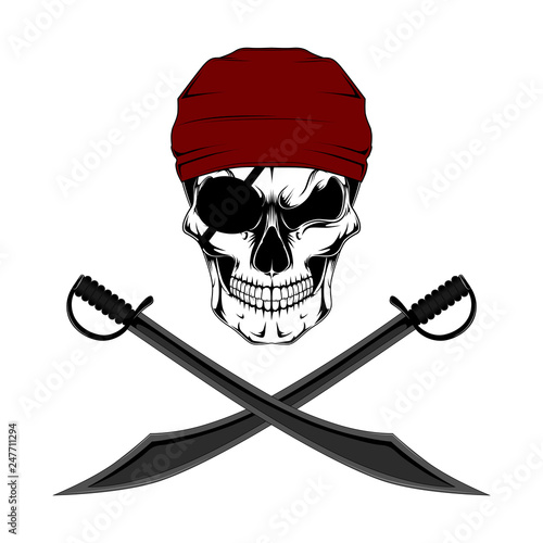 Vector image of a pirate skull with eye patch and swords.
