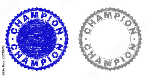 Grunge CHAMPION stamp seals isolated on a white background. Rosette seals with grunge texture in blue and grey colors. Vector rubber imitation of CHAMPION title inside round rosette.