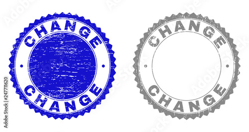 Grunge CHANGE stamp seals isolated on a white background. Rosette seals with grunge texture in blue and grey colors. Vector rubber imprint of CHANGE label inside round rosette.