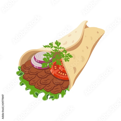 Wrap kebab is lying on white surface. Shawarma with chicken meat, onions, tomatoes, salad.