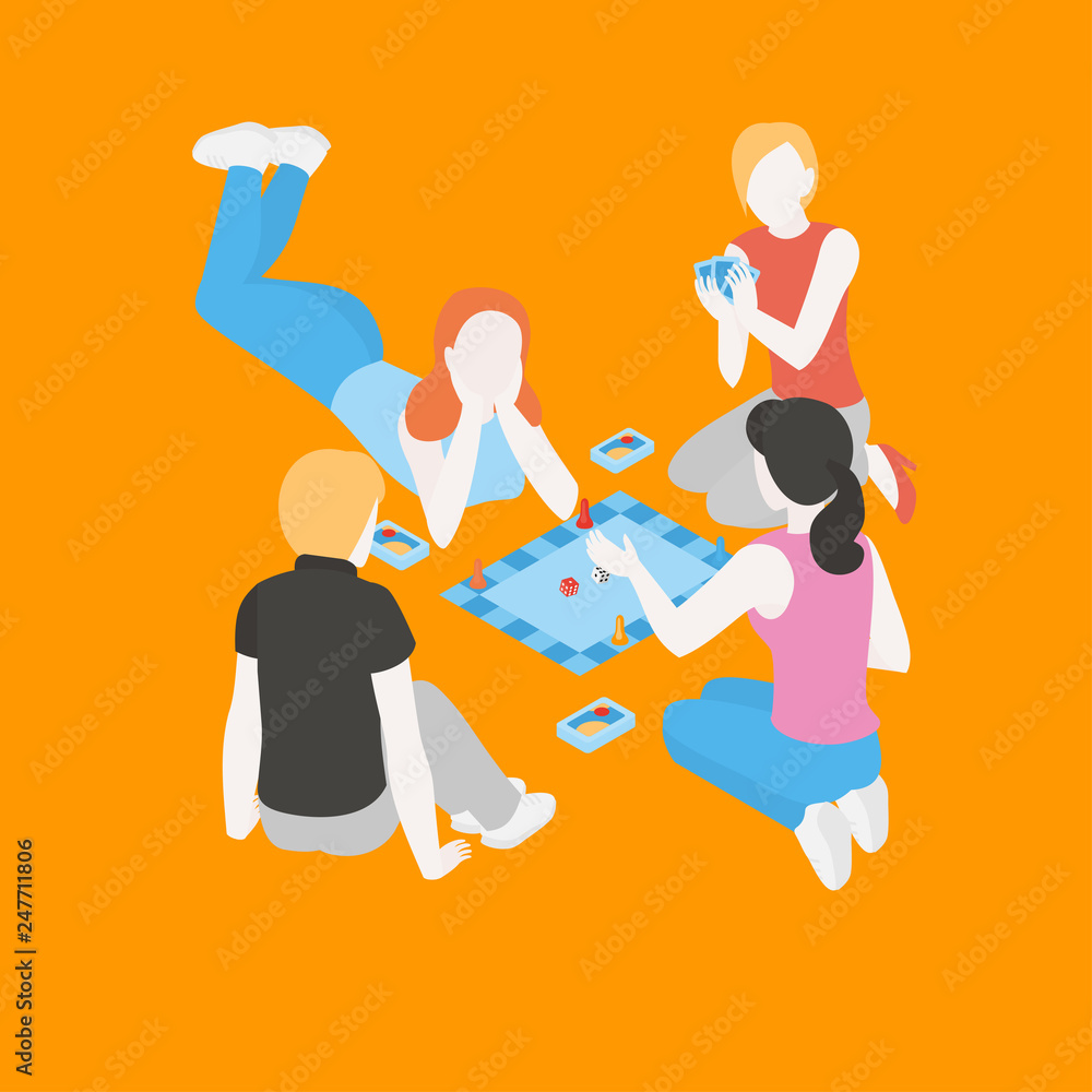 People playing a board game with cards. Isometric friends and family spend time together at weekend. Group of girls and boys communicate. Indoors activity and hobby for teen. Happy childhood