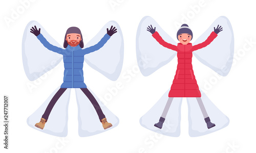 Man and woman in a down jacket making snow angel, falls backward arms outstretched wearing warm winter clothes, classic boots, hat. Vector flat style cartoon illustration isolated on white background