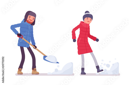 Man and woman in down jacket working with spade, kicking snowdrop, wearing warm winter clothes, snow boots, hat. City outfit concept. Vector flat style cartoon illustration isolated, white background