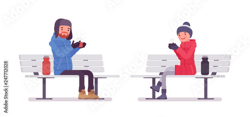 Man and woman in down jacket sitting on a bench, wearing soft warm winter clothes, classic snow boots and hat. City outfit concept. Vector flat style cartoon illustration isolated on white background