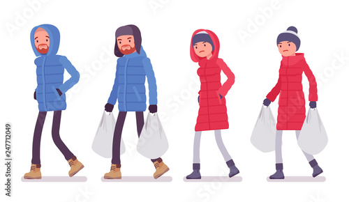 Man and woman in a down jacket with heavy shopping bags, wearing soft warm winter clothes, classic snow boots and hat. City outfit. Vector flat style cartoon illustration isolated on white background