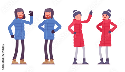 Man and woman in a down jacket positive emotions, wearing soft warm winter clothes, classic snow boots and hat. City outfit concept. Vector flat style cartoon illustration isolated on white background