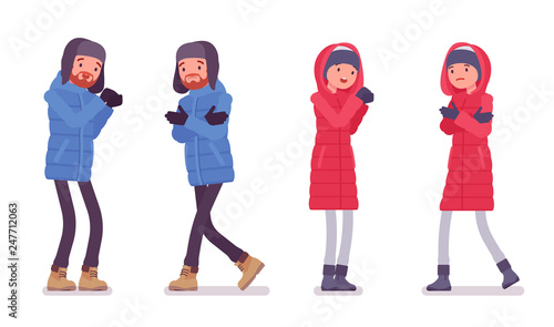 Man and woman in a down jacket negative emotions, wearing soft warm winter clothes, classic snow boots and hat. City outfit concept. Vector flat style cartoon illustration isolated on white background