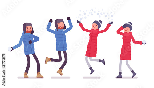 Man and woman in down jacket having fun outdoor, wearing soft warm winter clothes, classic snow boots and hat. City outfit concept. Vector flat style cartoon illustration isolated on white background