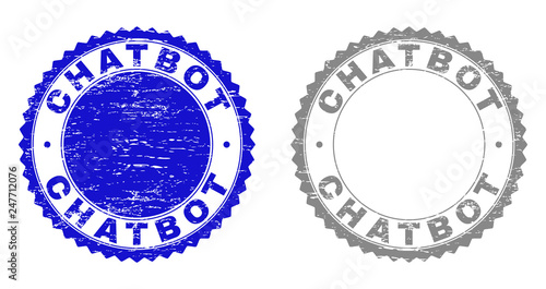 Grunge CHATBOT stamp seals isolated on a white background. Rosette seals with grunge texture in blue and grey colors. Vector rubber imprint of CHATBOT title inside round rosette.