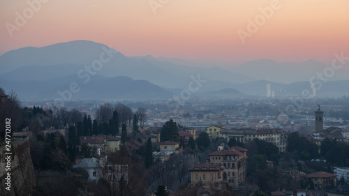 Bergamo, Italy. Landscape to the new city (downtown) at the sunrise from the old town located on the top of the hill © Matteo Ceruti
