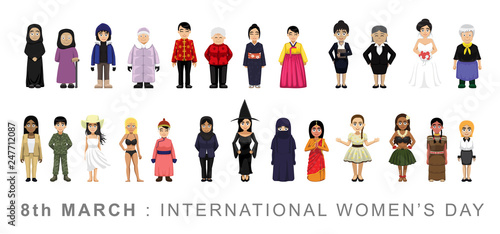 Various Women Cute Cartoon Character International Women Day Vector Illustration