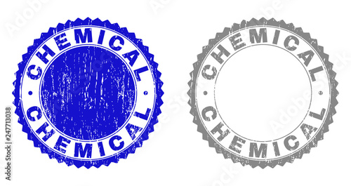 Grunge CHEMICAL stamp seals isolated on a white background. Rosette seals with distress texture in blue and grey colors. Vector rubber imprint of CHEMICAL title inside round rosette.