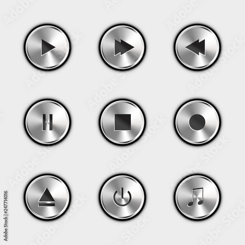 Media Player Control Icon Set - Silver Metallic Vector Illustration - Isolated On White Background