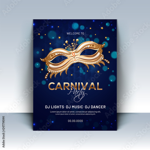 Shiny golden party mask on blue bokeh background for Carnival party template or flyer design.