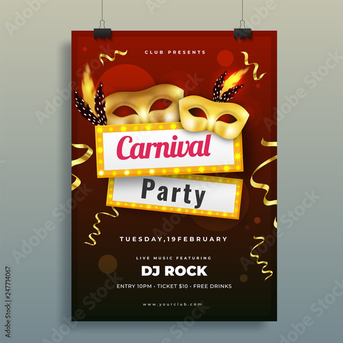 Glossy golden carnival masks illustration, Carnival party template or musical, dance party flyer design with time date and venue details.