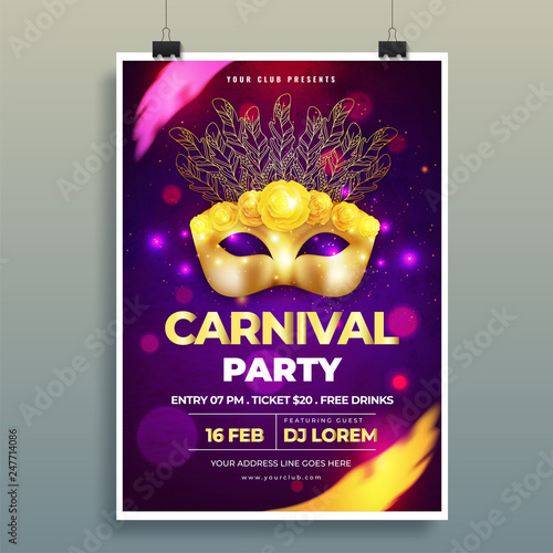 Shiny golden carnival mask illustration on purple bokeh background, Carnival party template or music flyer design with time date and venue details.