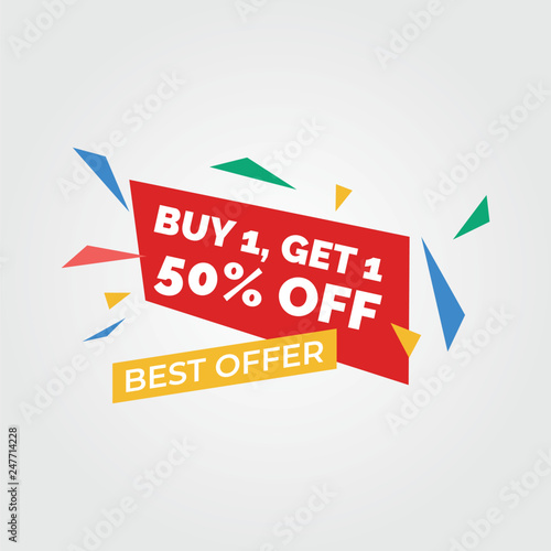 Modern Buy 1 Get 1 Banner Vector 50% Off, Logo, Badge, Illustration