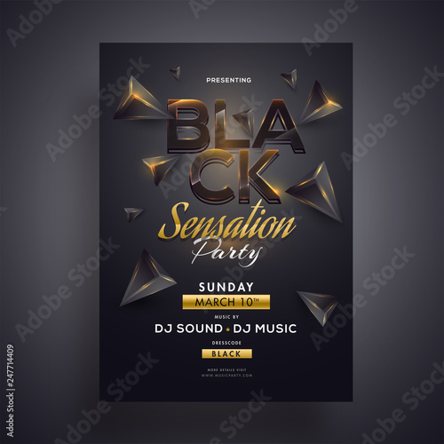 Black Sensation party flyer or template design with 3d geometric elements and venue details.