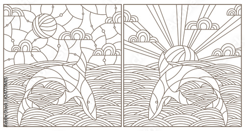 Set contour illustrations with sharks  on the waves and the sky , the dark outline on a white background