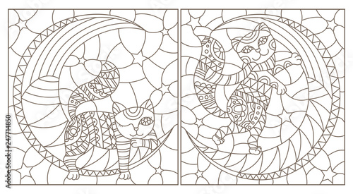 Set of contour illustrations of stained glass with cartoon funny cats on the moon, dark contours on a white background