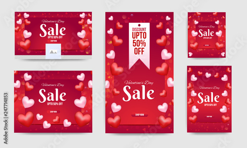 Glossy heart shapes decorated red bokeh background with 50% discount offer. Social media header, banner and template set.