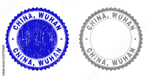 Grunge CHINA, WUHAN stamp seals isolated on a white background. Rosette seals with grunge texture in blue and gray colors. Vector rubber imprint of CHINA, WUHAN label inside round rosette.