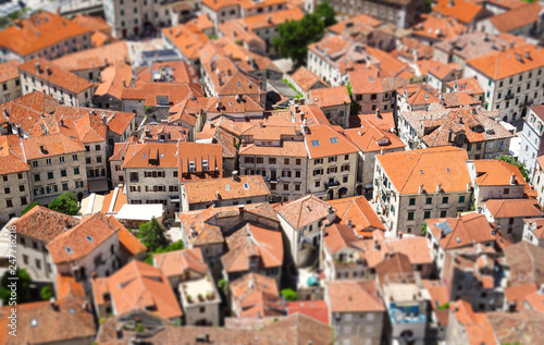 Top view of the old town in Kotor with tilt-shift effect. Montenegro.