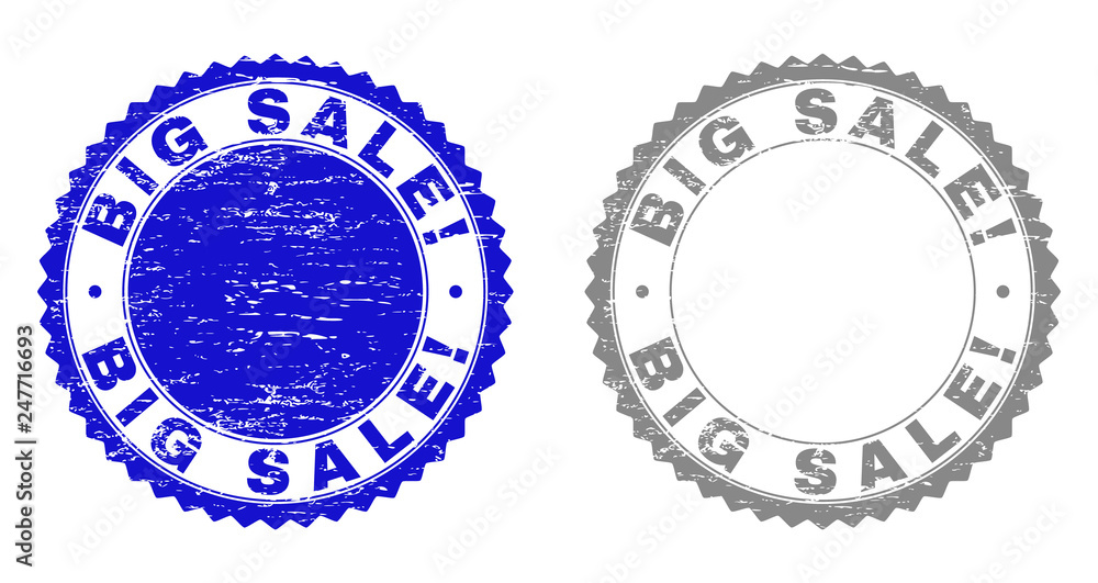 Grunge BIG SALE! stamp seals isolated on a white background. Rosette seals with grunge texture in blue and gray colors. Vector rubber overlay of BIG SALE! text inside round rosette. Grunge BIG SALE! stamp seals isolated on a white background. Rosette seals with grunge texture in blue and gray colors. Vector rubber overlay of BIG SALE! text inside round rosette.