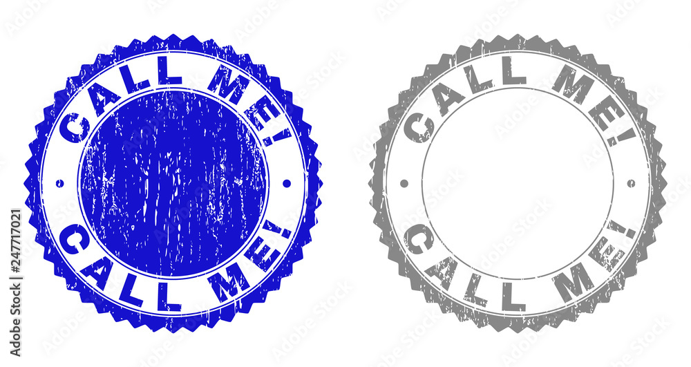 Grunge CALL ME! stamp seals isolated on a white background. Rosette seals with grunge texture in blue and gray colors. Vector rubber imprint of CALL ME! caption inside round rosette. Grunge CALL ME! stamp seals isolated on a white background. Rosette seals with grunge texture in blue and gray colors. Vector rubber imprint of CALL ME! caption inside round rosette.
