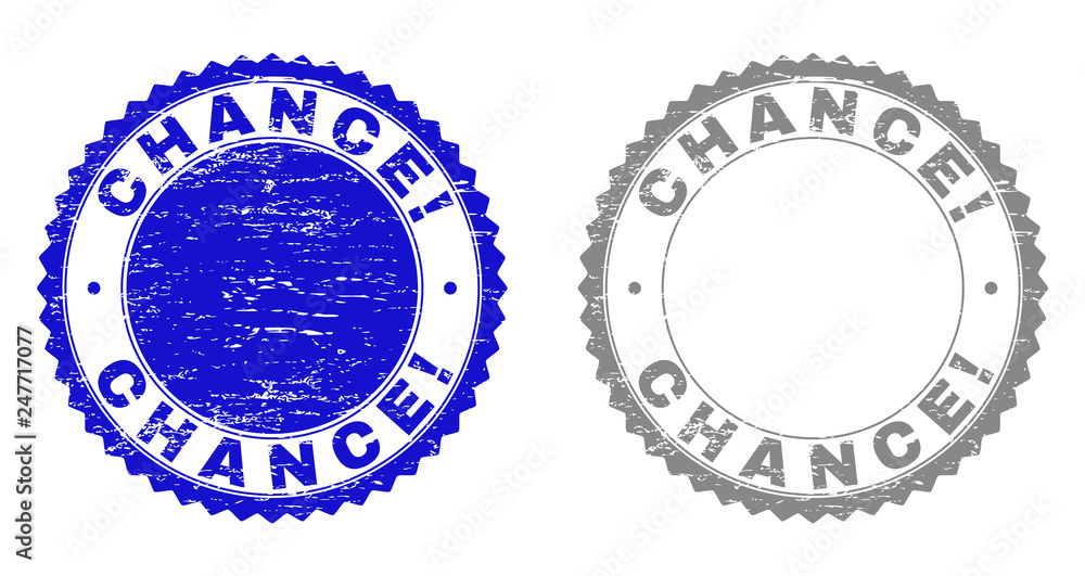 Grunge CHANCE! stamp seals isolated on a white background. Rosette seals with distress texture in blue and grey colors. Vector rubber imprint of CHANCE! title inside round rosette.