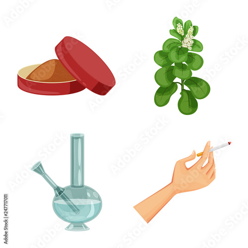 Vector illustration of cigarette and tobacco logo. Collection of cigarette and nicotine vector icon for stock.