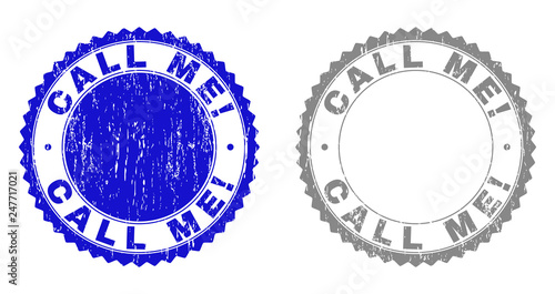 Grunge CALL ME! stamp seals isolated on a white background. Rosette seals with grunge texture in blue and gray colors. Vector rubber imprint of CALL ME! caption inside round rosette.