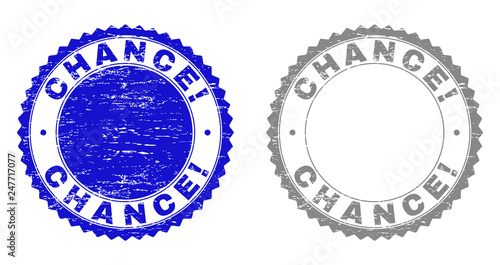 Grunge CHANCE! stamp seals isolated on a white background. Rosette seals with distress texture in blue and grey colors. Vector rubber imprint of CHANCE! title inside round rosette.