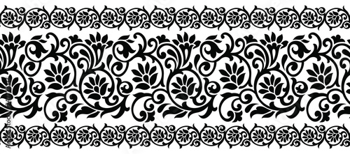 Seamless black and white vintage floral border