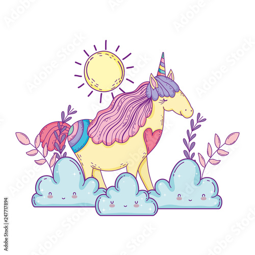 beautiful little unicorn with clouds and sun