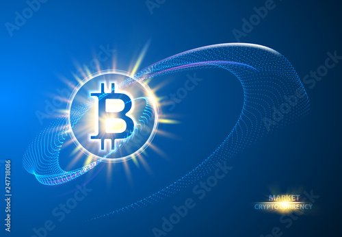 Shining bitcoin symbol, light splashes and sparks. Golden blockchain galaxy concept. Cryptocurrency symbol illustration with peer to peer network background. Vector illustration.