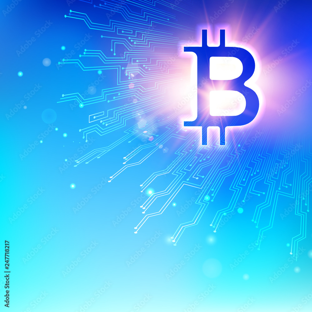 Abstract blue background with shining bitcoin symbol and mother board circuits. Digital blockchain network concept. Vector illustration. Abstract blue background with shining bitcoin symbol and mother board circuits. Digital blockchain network concept. Vector illustration.