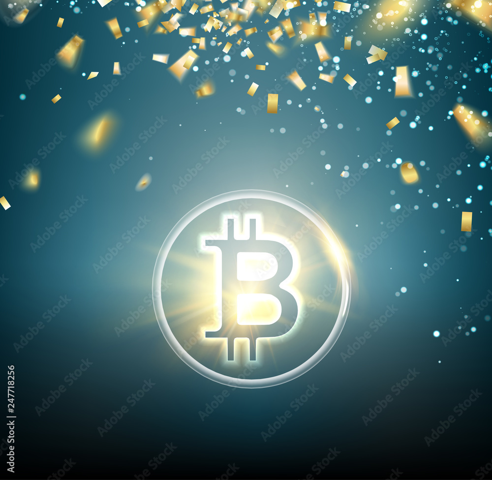 Bright bitcoin symbol and golden confetti falls over blue background. Vector illustration. Bright bitcoin symbol and golden confetti falls over blue background. Vector illustration.