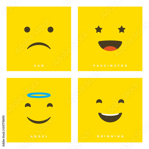High quality vector cartoon set with sad, fascinated, angel, grinning emoticons with Flat Design Style, social media reactions - Vector EPS10