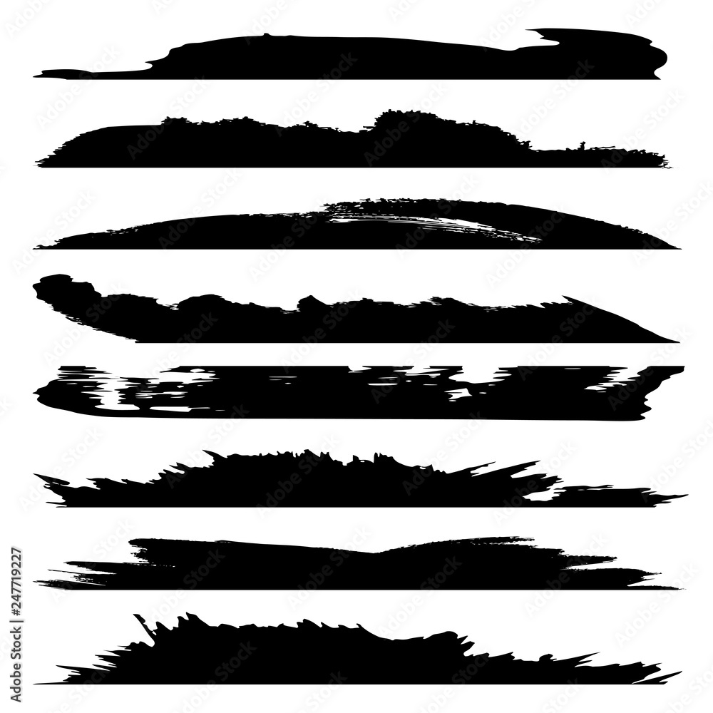 Vector collection of artistic grungy black paint hand made creative brush stroke set isolated on white background. A group of abstract grunge sketches for design education or graphic art decoration