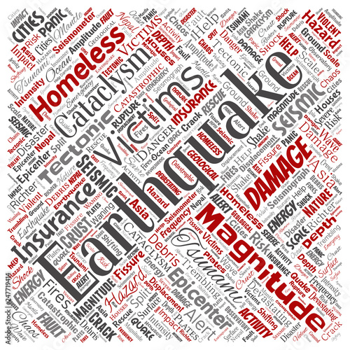 Vector conceptual earthquake activity square red word cloud isolated background. Collage of natural seismic tectonic crust tremble, violent tsunami waves risk, tectonic plates shifting concept design