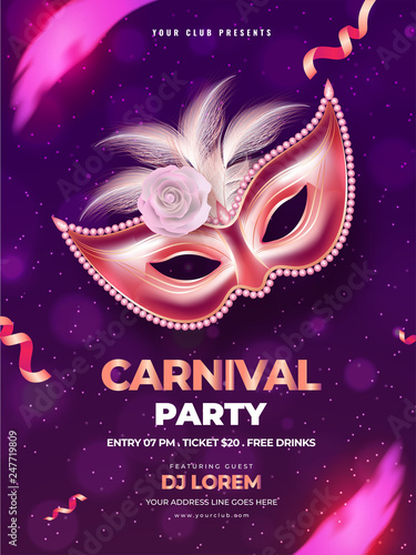 Carnival party template or flyer design with realistic mask on purple background.